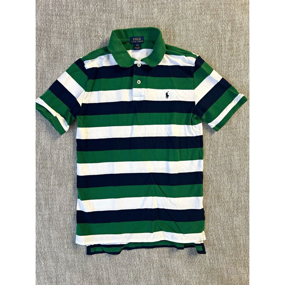 Polo Ralph Lauren Men's L Green White Blue Striped Short Sleeve Polo Emb Logo
